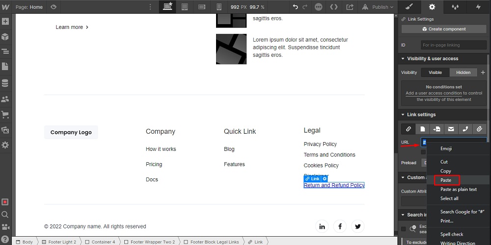 TermsFeed Webflow: Footer - Legal - Return and Refund Policy - Link Settings - Paste highlighted