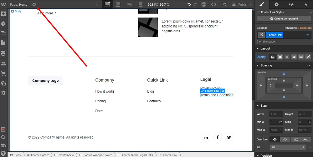 TermsFeed Webflow: Footer - Legal - Terms and Conditions - Preview highlighted