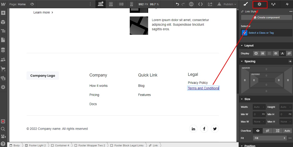 TermsFeed Webflow: Footer - Legal - Link Settings highlighted