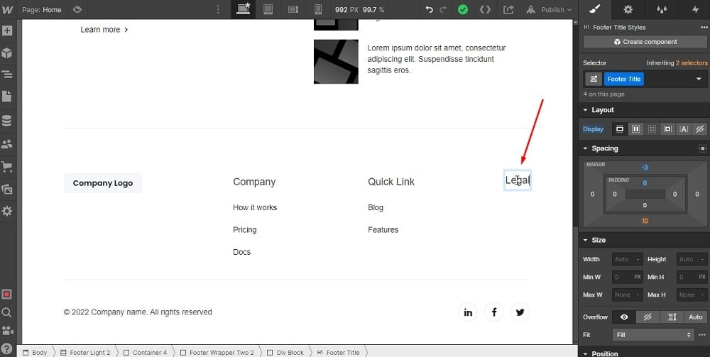 TermsFeed Webflow: Heading Footer Title - Legal highlighted
