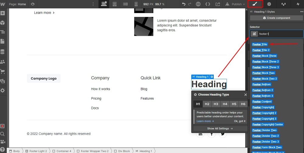 TermsFeed Webflow: Heading styles - Selector - Footer Title highlighted