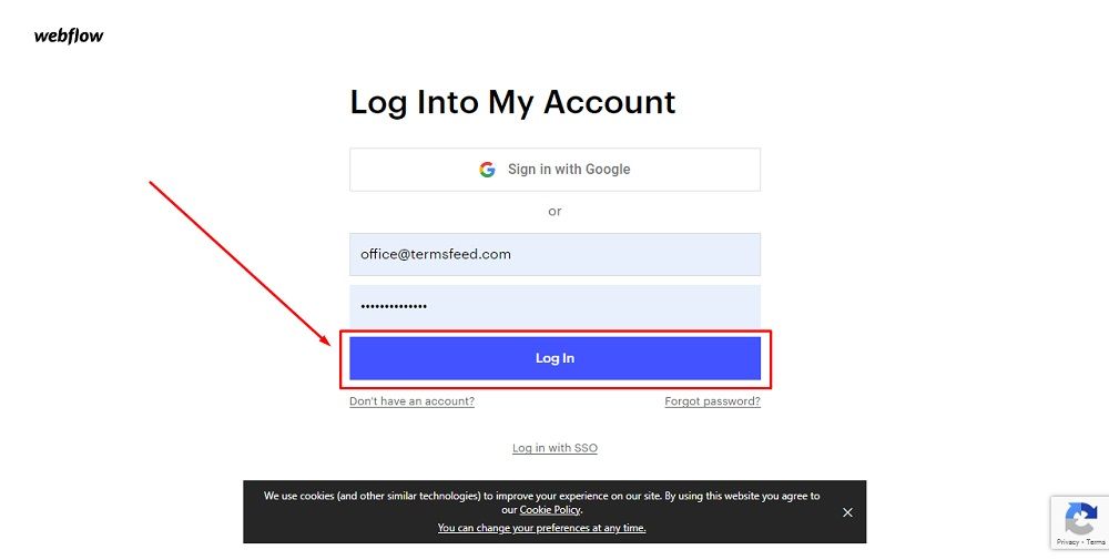 TermsFeed: Webflow Login screen