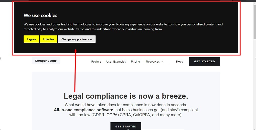 TermsFeed Webflow: Live website with Free Cookie Consent Notice Banner Displayed highlighted