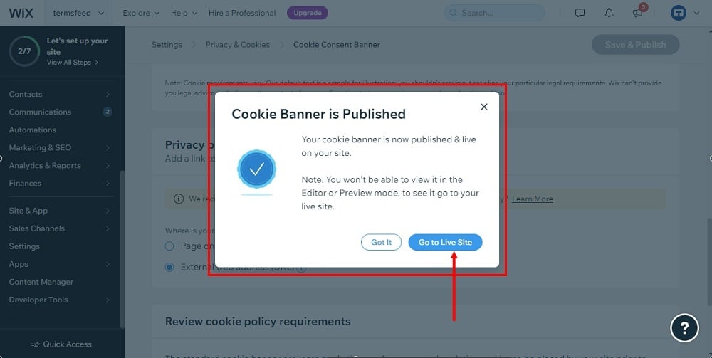 TermsFeed Wix: Cookie Consent banner - Published - Go to Live Site button highlighted