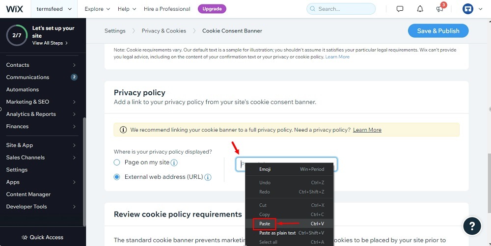 TermsFeed Wix: Cookie Consent banner - Settings - Privacy Policy section - External Web address - Paste URL highlighted