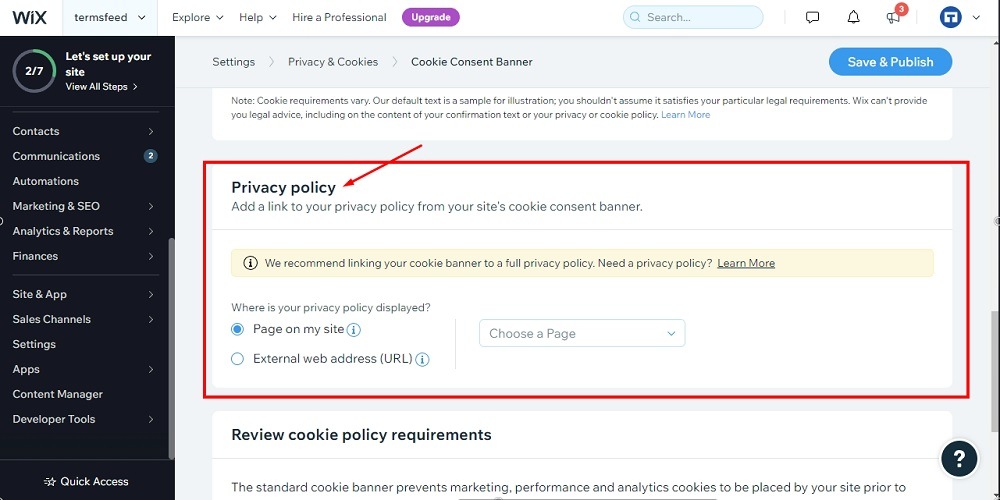 TermsFeed Wix: Display Cookie Consent banner - Settings - Privacy Policy section highlighted