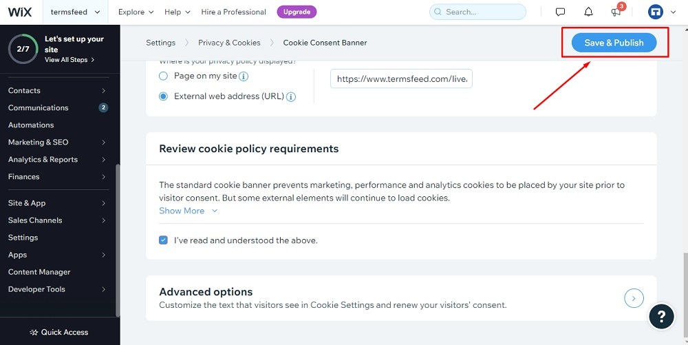 TermsFeed Wix: Cookie Consent banner - Settings - Save and Publish button highlighted