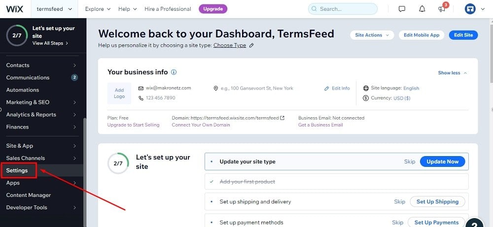 TermsFeed Wix: Dashboard - Settings highlighted