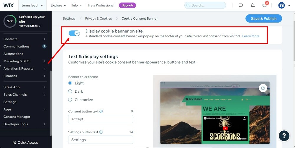 TermsFeed Wix: Dashboard - Settings - Privacy and Cookies - Display Cookie Consent banner enabled