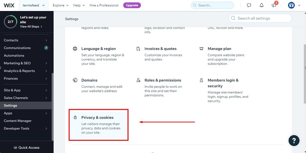 TermsFeed Wix: Dashboard - Settings - Privacy and Cookies