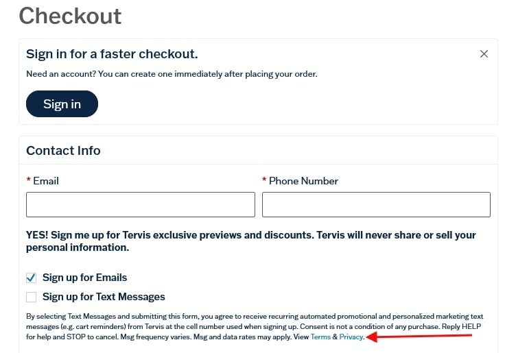 Tervis checkout form with Privacy Policy link highlighted