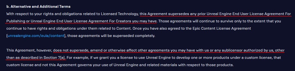 Unreal Engine EULA: Alternative and Additional Terms clause