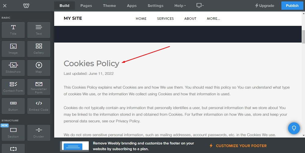 Weebly Website Builder: Page editor - The Cookies Policy HTML content added highlighted