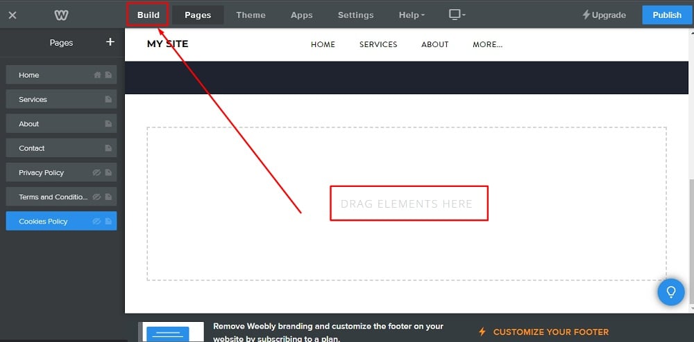 Weebly Website Builder: Page editor - The Cookies Policy title added and to drag elements on the page go to Build option in the header menu  highlighted
