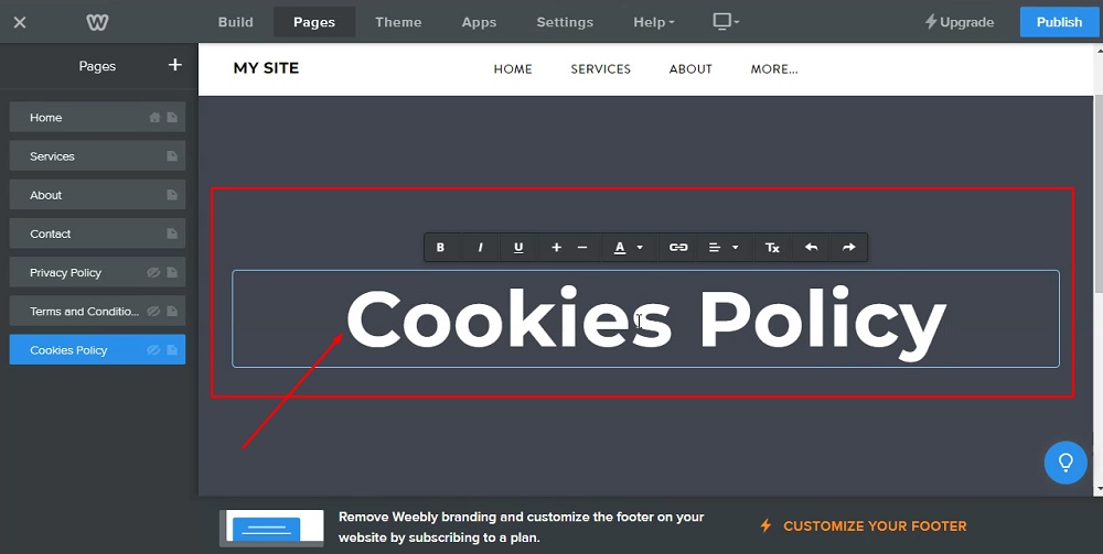 Weebly Website Builder: Page editor - The Cookies Policy title added highlighted