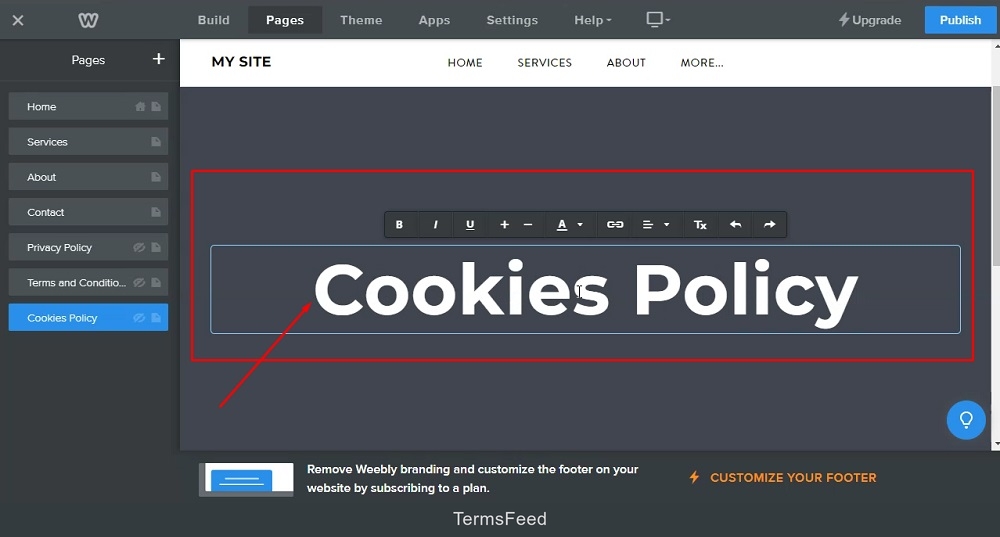 Weebly Website Builder: Page editor - The Cookies Policy title added highlighted