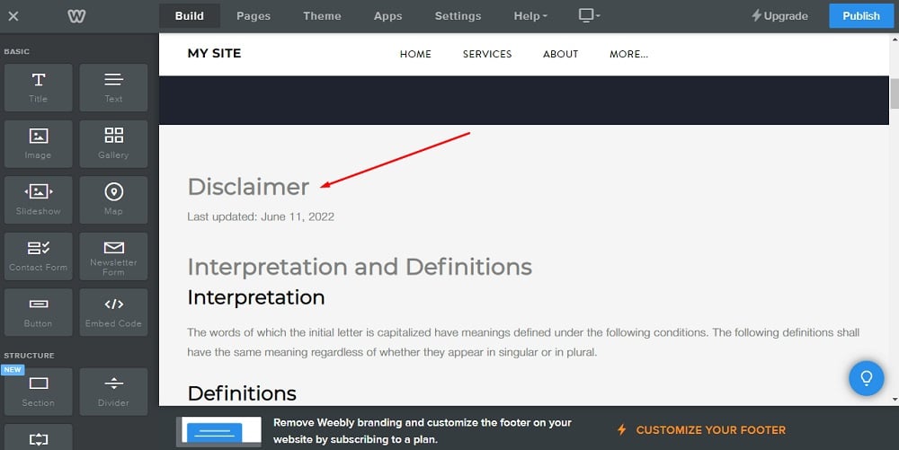 Weebly Website Builder: Page editor - The Disclaimer HTML content added highlighted