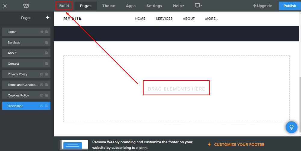 Weebly Website Builder: Page editor - The Disclaimer title added and to drag elements on the page go to Build option in the header menu  highlighted