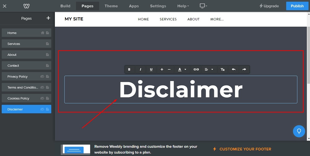 Weebly Website Builder: Page editor - The Disclaimer title added highlighted