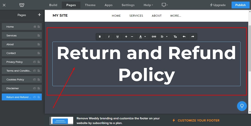 Weebly Website Builder: Page editor - The Return and Refund Policy title added highlighted