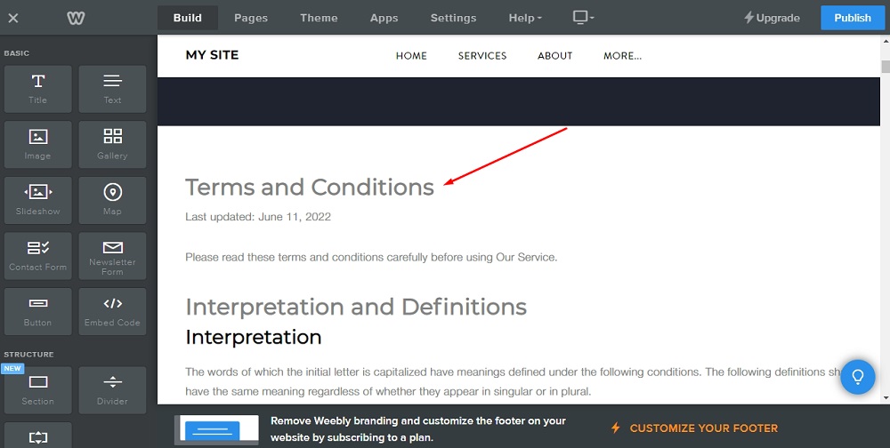 Weebly Website Builder: Page editor - The Terms and Conditions HTML content added highlighted