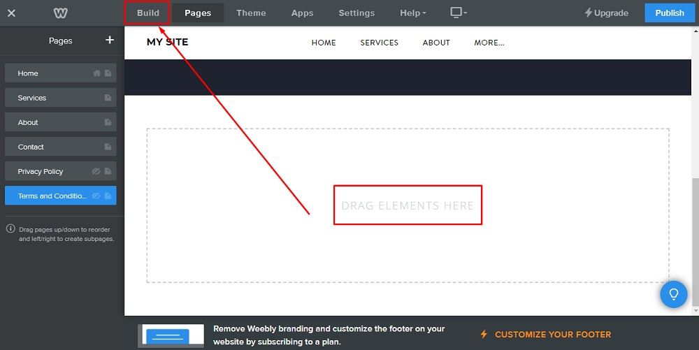 Weebly Website Builder: Page editor - The Terms and Conditions title added and to drag elements on the page go to Build option in the header menu  highlighted