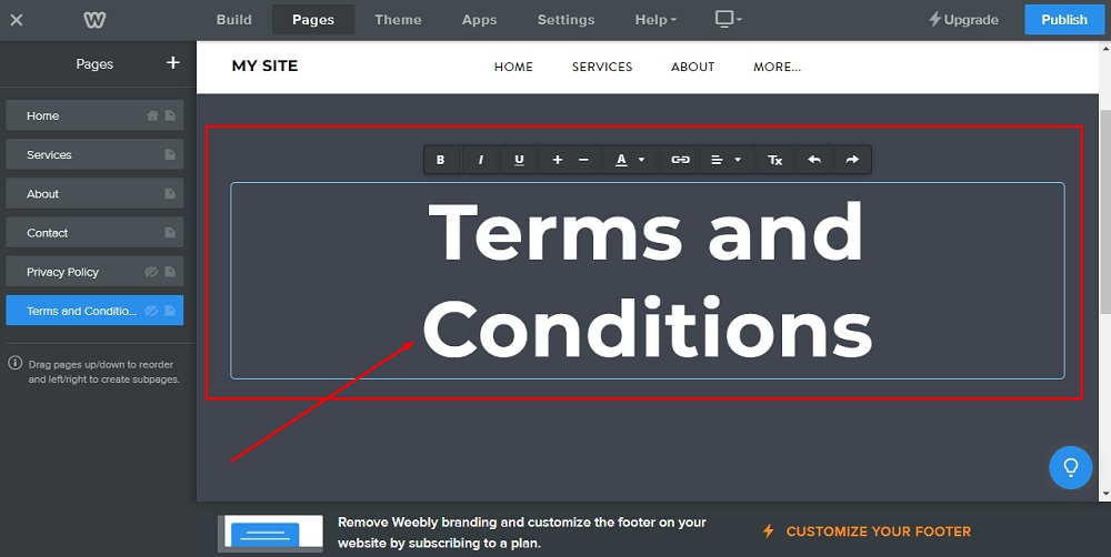 Weebly Website Builder: Page editor - The Terms and Conditions title added highlighted