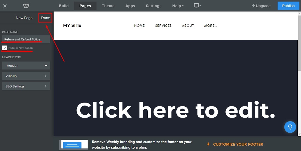 Weebly Website Builder: Sidebar Pages menu - Standard Page - The New Page named Return and Refund Policy and Done option highlighted