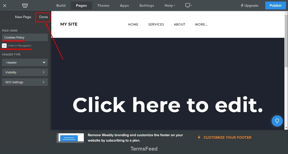 Weebly Website Builder: Sidebar Pages menu - Standard Page - The New Page named Cookies Policy and Done option highlighted