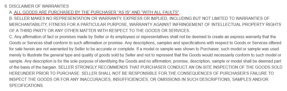 Aaron Equipment Used Equipment Terms and Conditions: Disclaimer of Warranties As Is clause