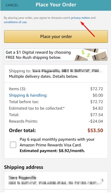 Screenshot of Amazon app checkout page