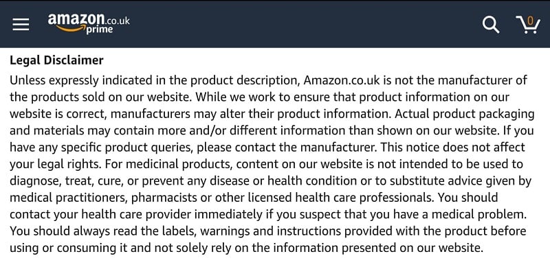 Amazon UK app: medical products and supplements legal disclaimer