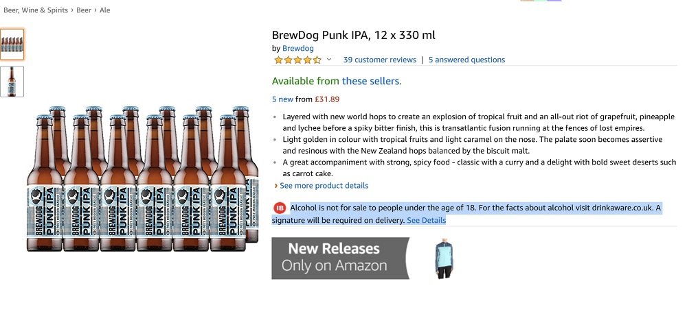 Amazon UK BrewDog Punk IPA product listing with alcohol age disclaimer