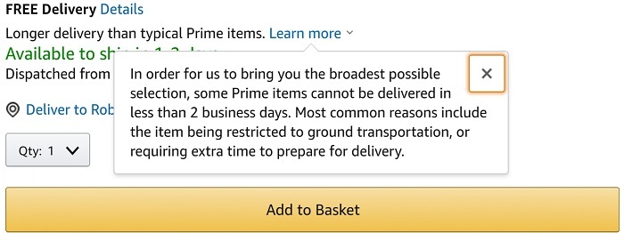 Amazon UK Prime delivery exceptions and restrictions notice