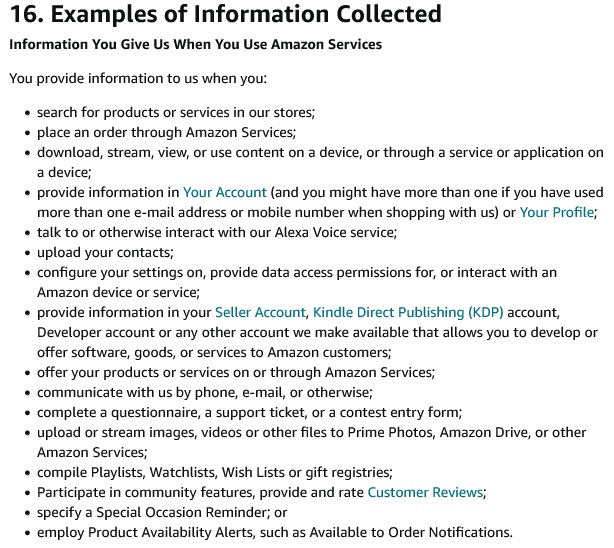 Amazon UK Privacy Notice: Excerpt of Examples of Information You Give Us When You Use Amazon Services clause: How information is given