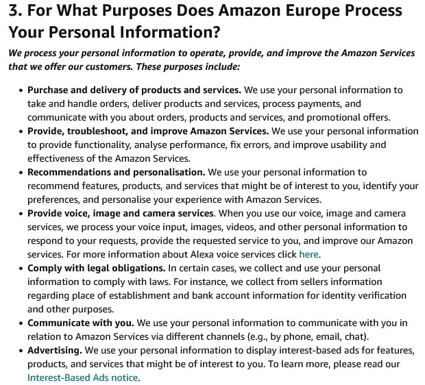 Amazon UK Privacy Notice: For What Purposes Does Amazon Europe Process Your Personal Information clause excerpt
