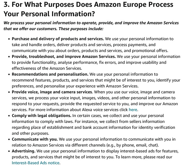 Amazon UK Privacy Notice: For What Purposes Does Amazon Europe Process Your Personal Information clause excerpt