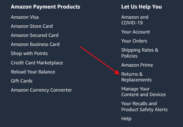 Amazon website footer with Returns and Replacements link highlighted