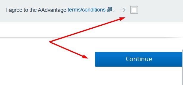 American Airlines Agree to Terms checkbox