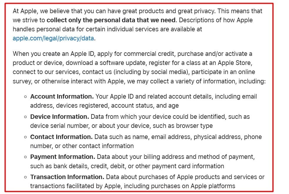 Apple Privacy Policy: Information we may collect clause excerpt