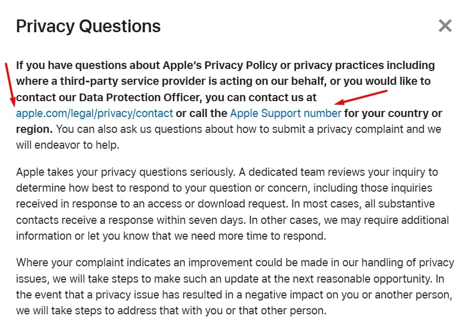 Apple Privacy Policy: Privacy Questions section