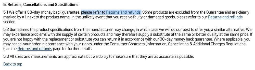 Argos Terms and Conditions: Returns, Cancellations and Substitutions clause