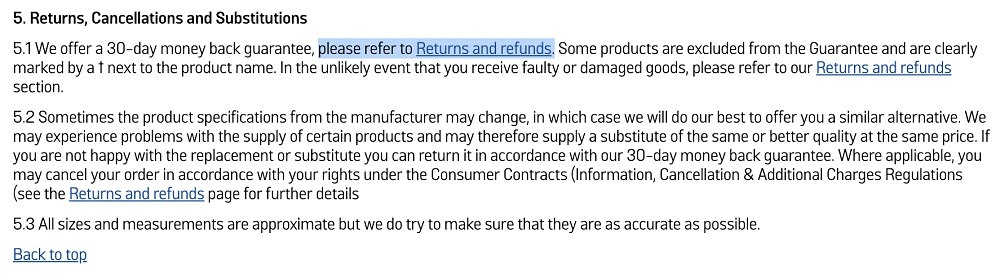 Argos Terms and Conditions: Returns, Cancellations and Substitutions clause