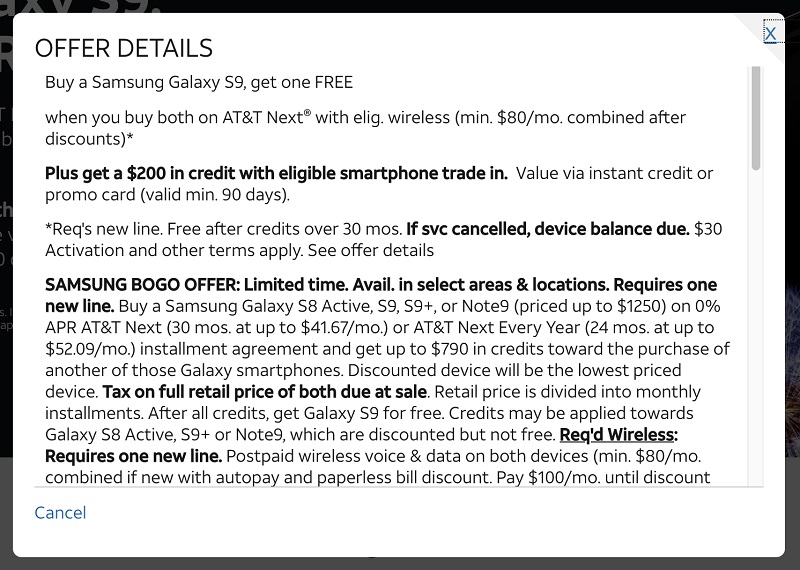 Excerpt of ATT Deals offer details