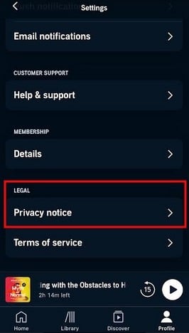 Screenshot of Audible app Settings menu with Privacy Notice highlighted