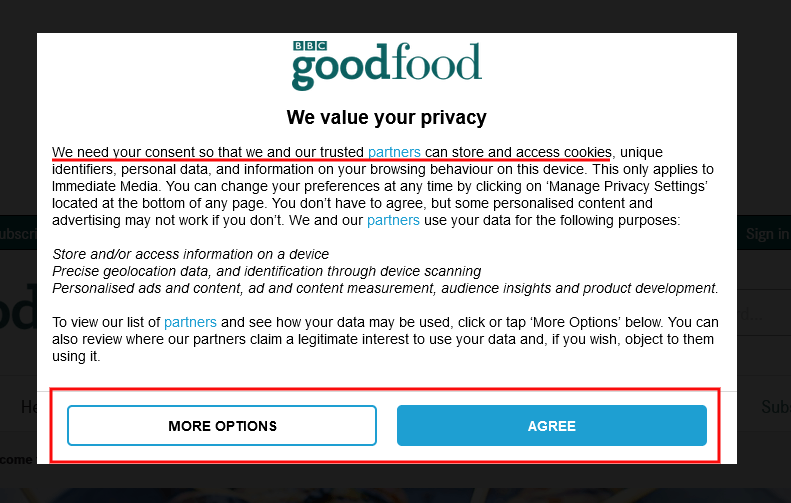 BBC Good Food cookie consent notice - 2023 update