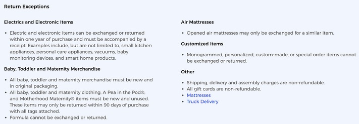Bed Bath and Beyond Simple Returns: Return Exceptions section