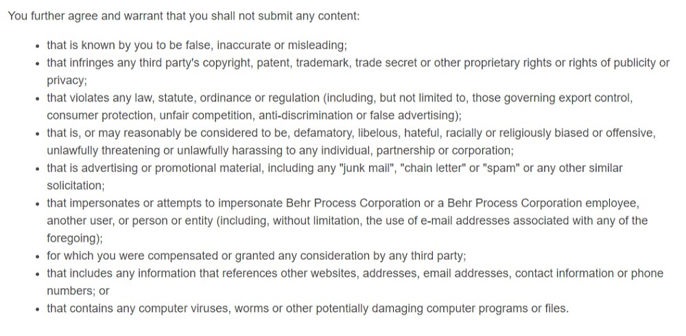 Behr Customer Ratings and Reviews Terms and Conditions: Prohibited content clause