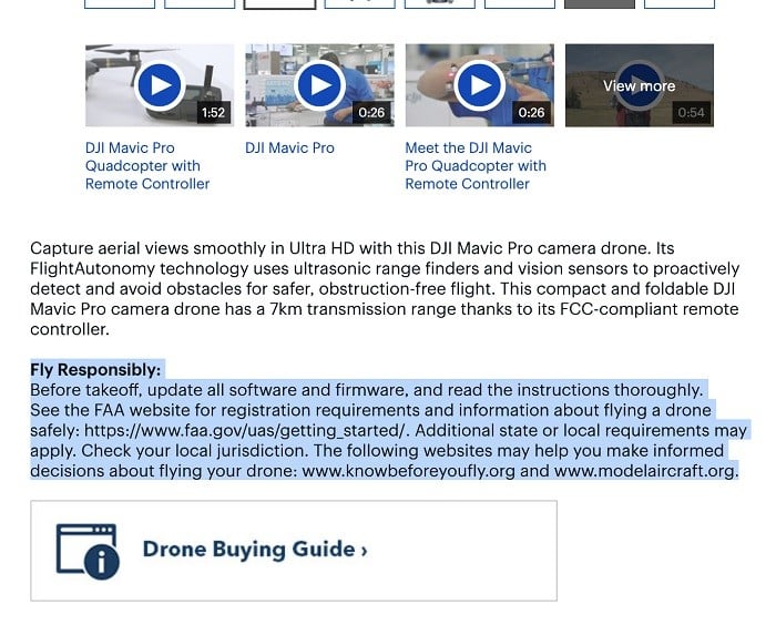 Best Buy drone listing page with Fly Responsibly disclaimer highlighted