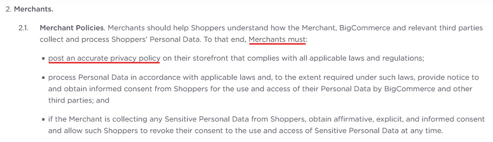 BigCommerce Privacy Policy: Merchants clause with Privacy Policy highlighted